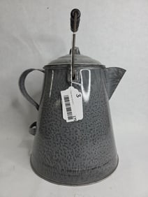 Early Gray Enamel Ware Lidded and Handled Coffee Kettle