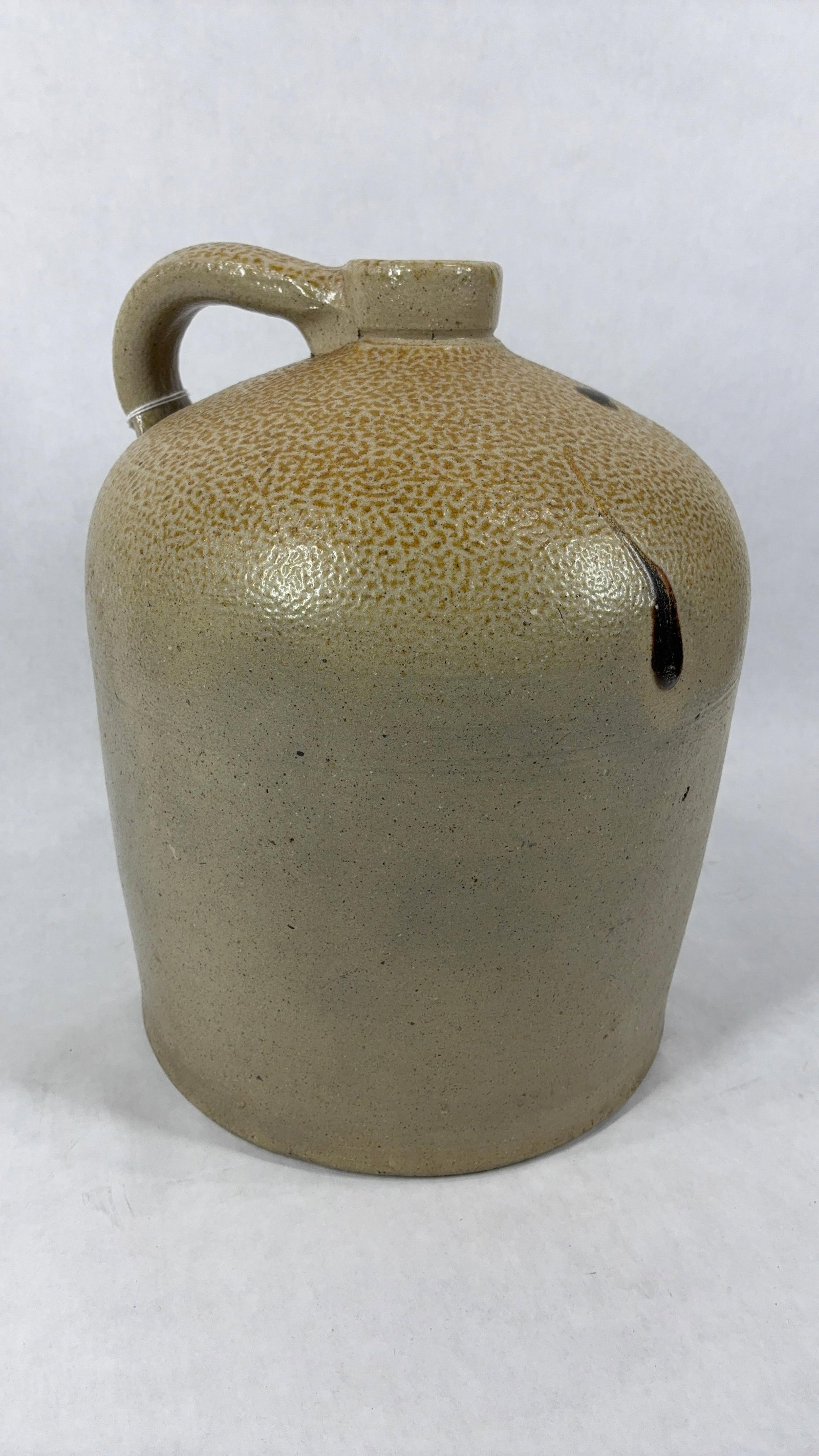 2 Gallon Salt Glazed Stoneware Crock Jug w/ Turkey Droppings: Showing small areas of flaking as well as some chipping with no cracks or breaks