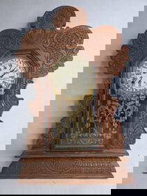 Antique American Eastlake Style Hand Carved Victorian Gingerbread Mantel Clock