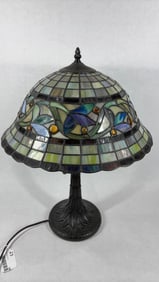 Tiffany Style Stained Glass Table Lamp w/ Amber Jewels w/ Intricate Cast Base
