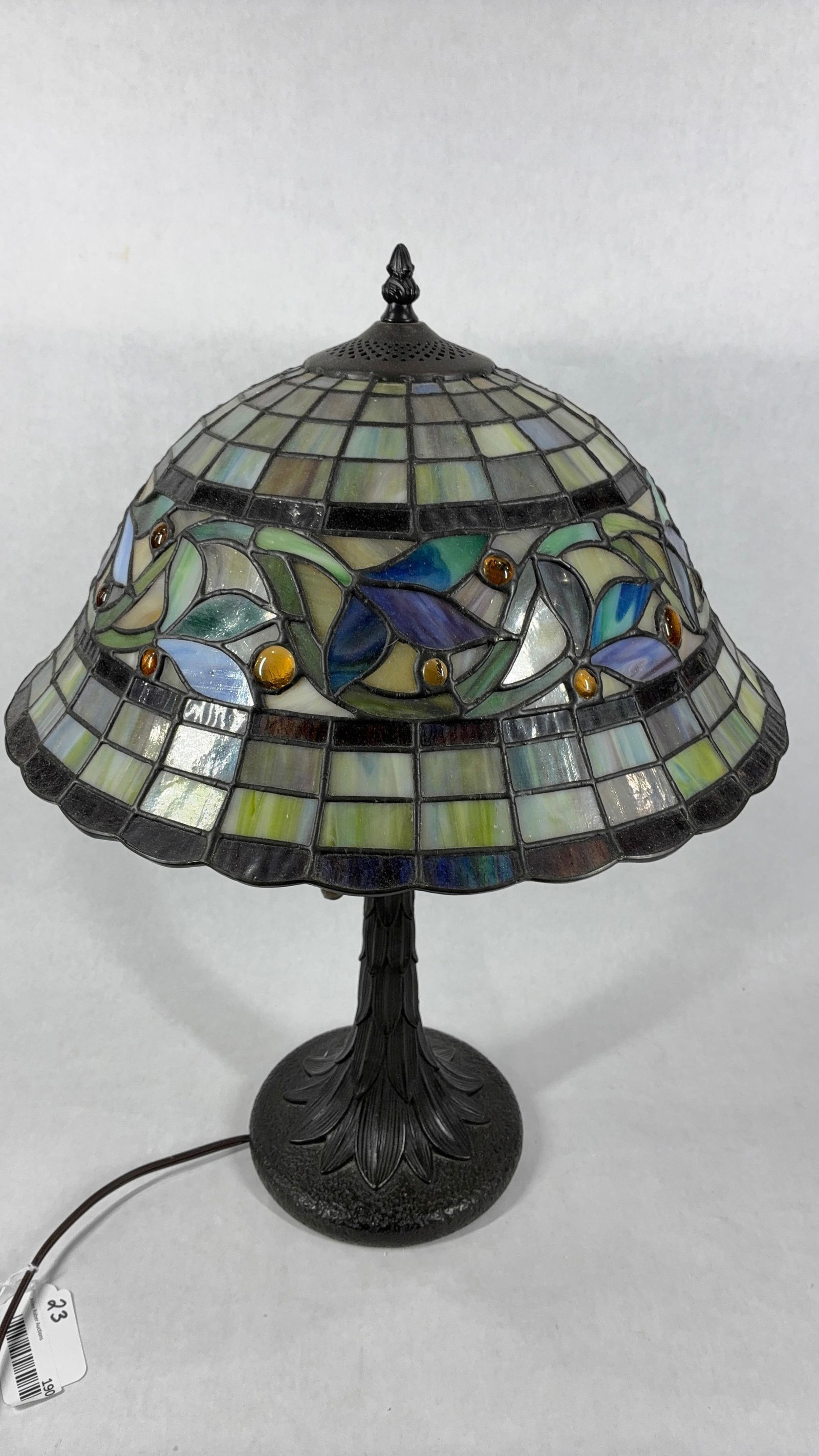 Tiffany Style Stained Glass Table Lamp w/ Amber Jewels w/ Intricate Cast Base (1 of 11)