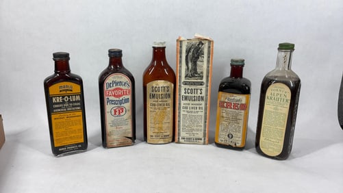 Early Apothecary Bottle Lot Inc. Cod Liver Oil, Alpen Krauter, Kreolum, Kreo and Dr. Favorite Prescr