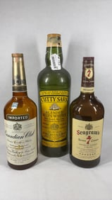1950's Canadian Club and Seagrams 7 Glass 1 Gal. Bottles w/ Cutty Sark Plastic Coin Bank