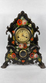 Antique Victorian Era Cast Iron Hand Painted Mantle Clock w/ Inlaid Mother of Pearl