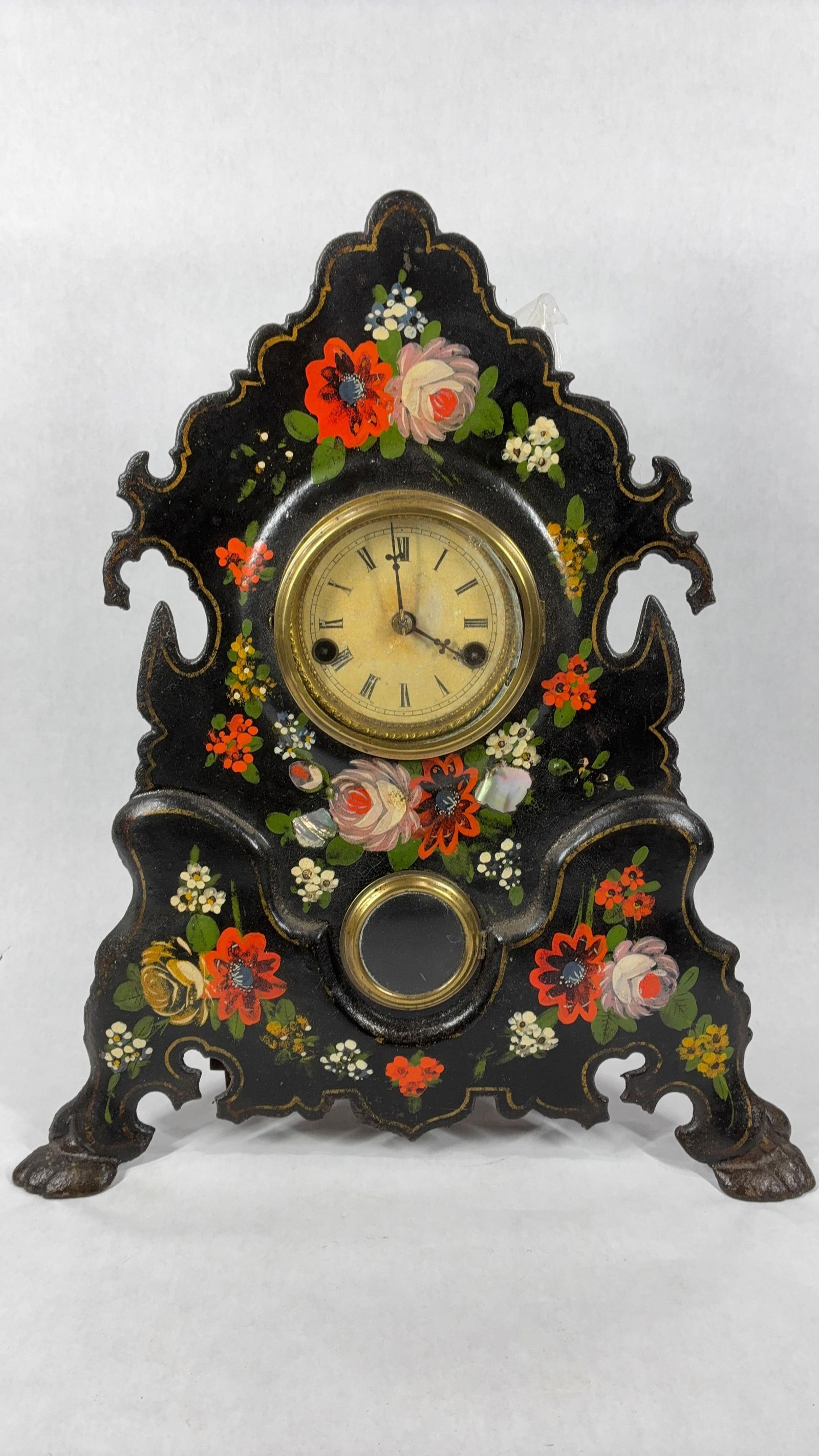 Antique Victorian Era Cast Iron Hand Painted Mantle Clock w/ Inlaid Mother of Pearl: Includes key and pendulum great early condition with glass coming loose from face? stands 17 in. H?
