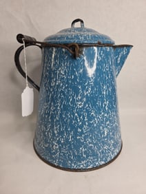 Blue Swirl Enamel Ware Granite Bale Handled and Lidded Coffee / Water Pot