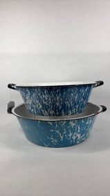 Blue Swirl Enamel Ware Granite Handled Wash Basins Lot of 2