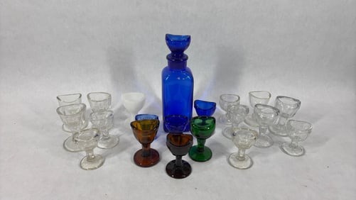 Antique Cobalt Blue, Clear and Amber Eye Wash Goblets w/ Cobalt Wyeth Eye Wash Stopper and Bottle
