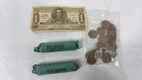 Two Five Dollar Rolls of Silver Pre 1964 Dimes, Early Pennies and Bolivia Bank Note