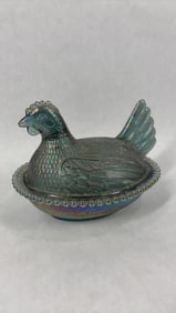 Indiana Glass Carnival Iridescent Glass Hen on Nest Covered Dish