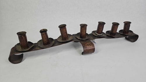 Mid 20th C. Brutalist Hammered Hand Forged Iron Hanukkah Lamp Menorah By David Palombo