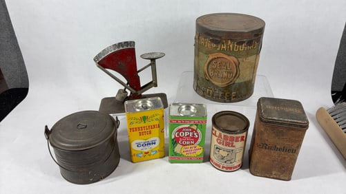 Primitive Lot Inc. Advertising Tins, Egg Scale and Tin Lunch Pail