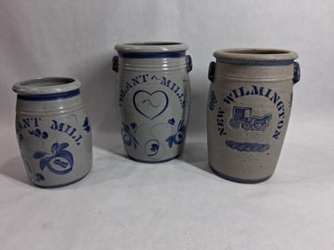 Artist Signed Rowe Pottery Works Cobalt Decorated Stoneware Crock Lot of 3