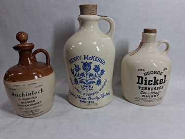 Lot of 3 Assorted Stoneware Whiskey Jugs all w/ Original Cork or Stopper