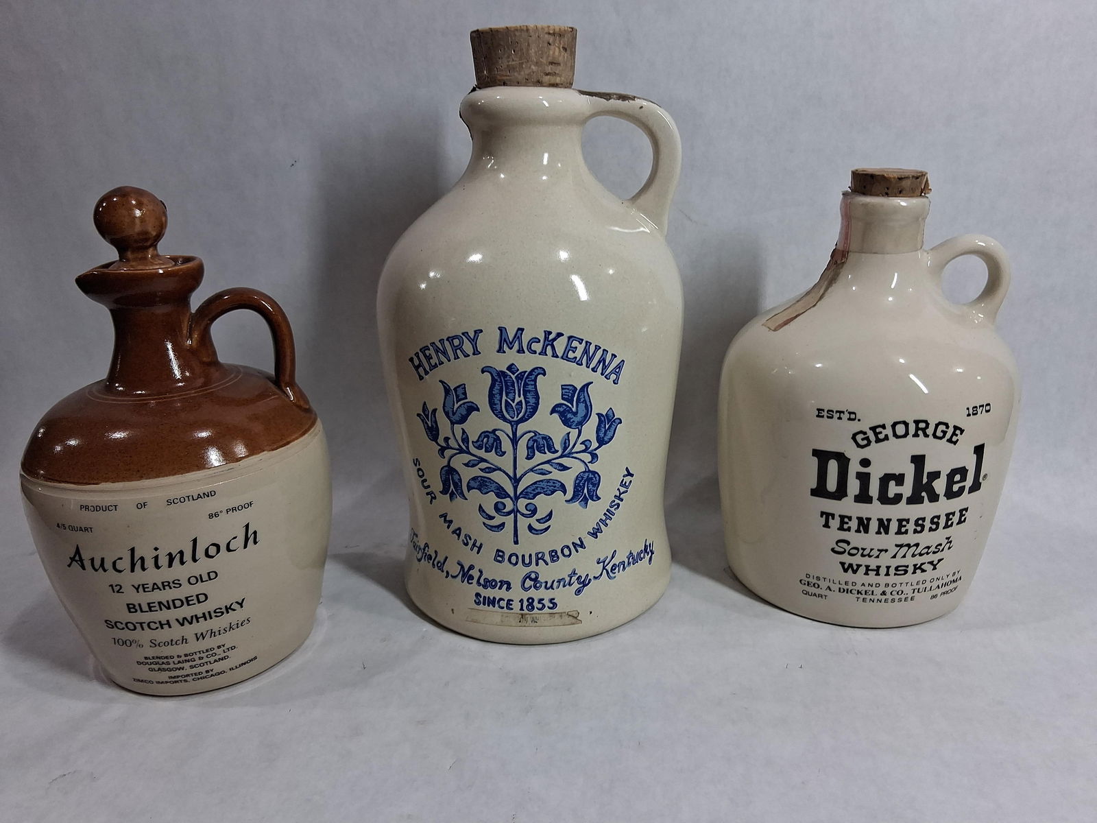 Lot of 3 Assorted Stoneware Whiskey Jugs all w/ Original Cork or Stopper (1 of 8)