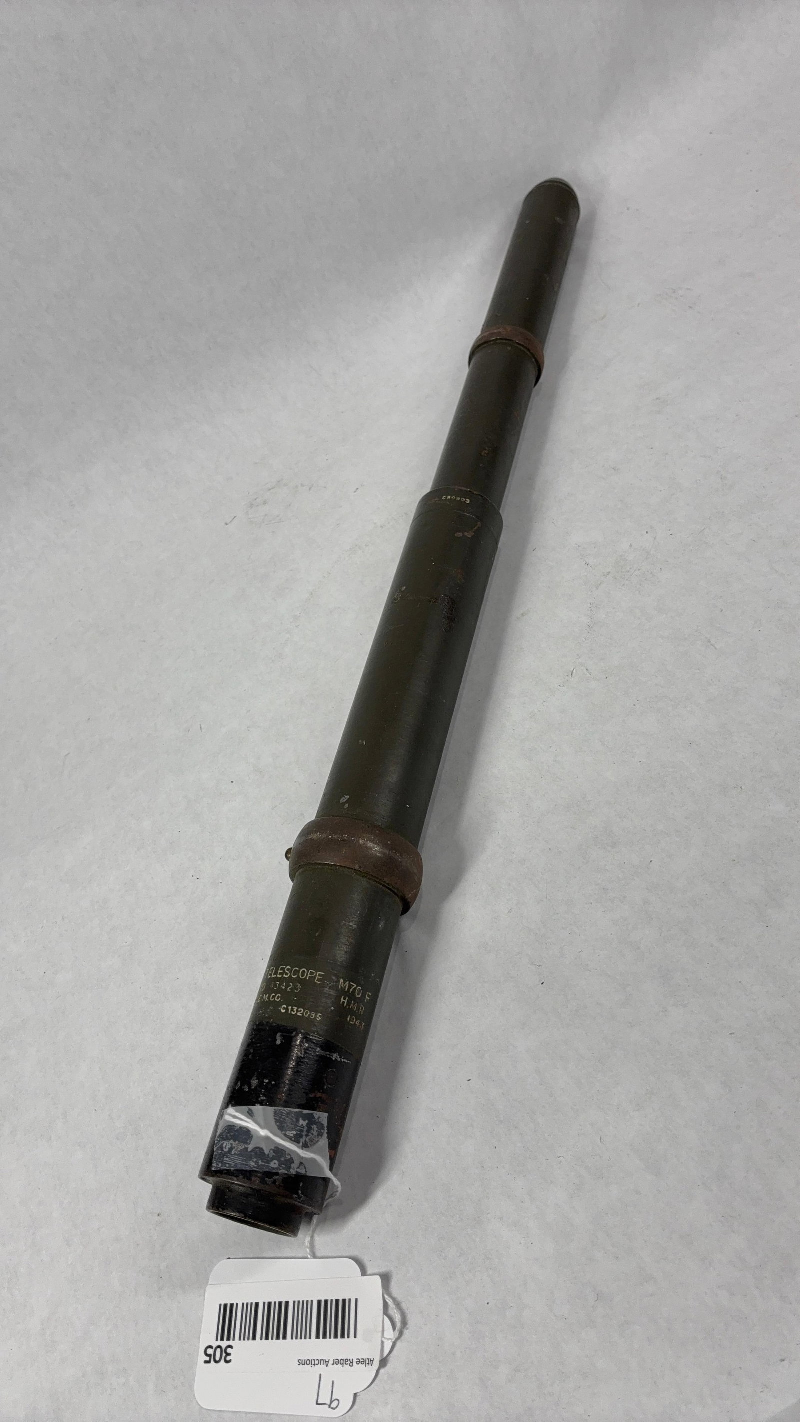 1943 M70F Military Telescope: No 43423, HMR. Excellent condition with clear view. 22.5 inches long.