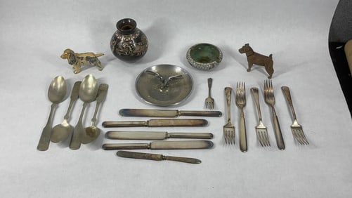 Chorotega Signed Pottery Vessel, China Enamel DIsh, Cast Iron Dogs, and Flatware