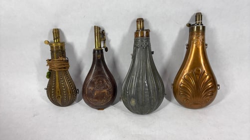 Early Brass and Leather Wrapped Black Powder Horn Flasks Inc. 4 Various
