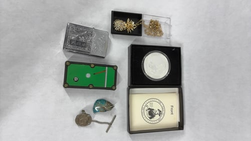 Buffalo Nickel Tie Tac, Zippo Lighter, Wayne Co. Comm. Coin, Azurite Pendant and More