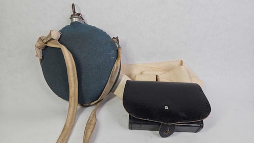Civil War Era Cartridge Box and Bullseye 8 Ring Wool Covered Civil War Canteen