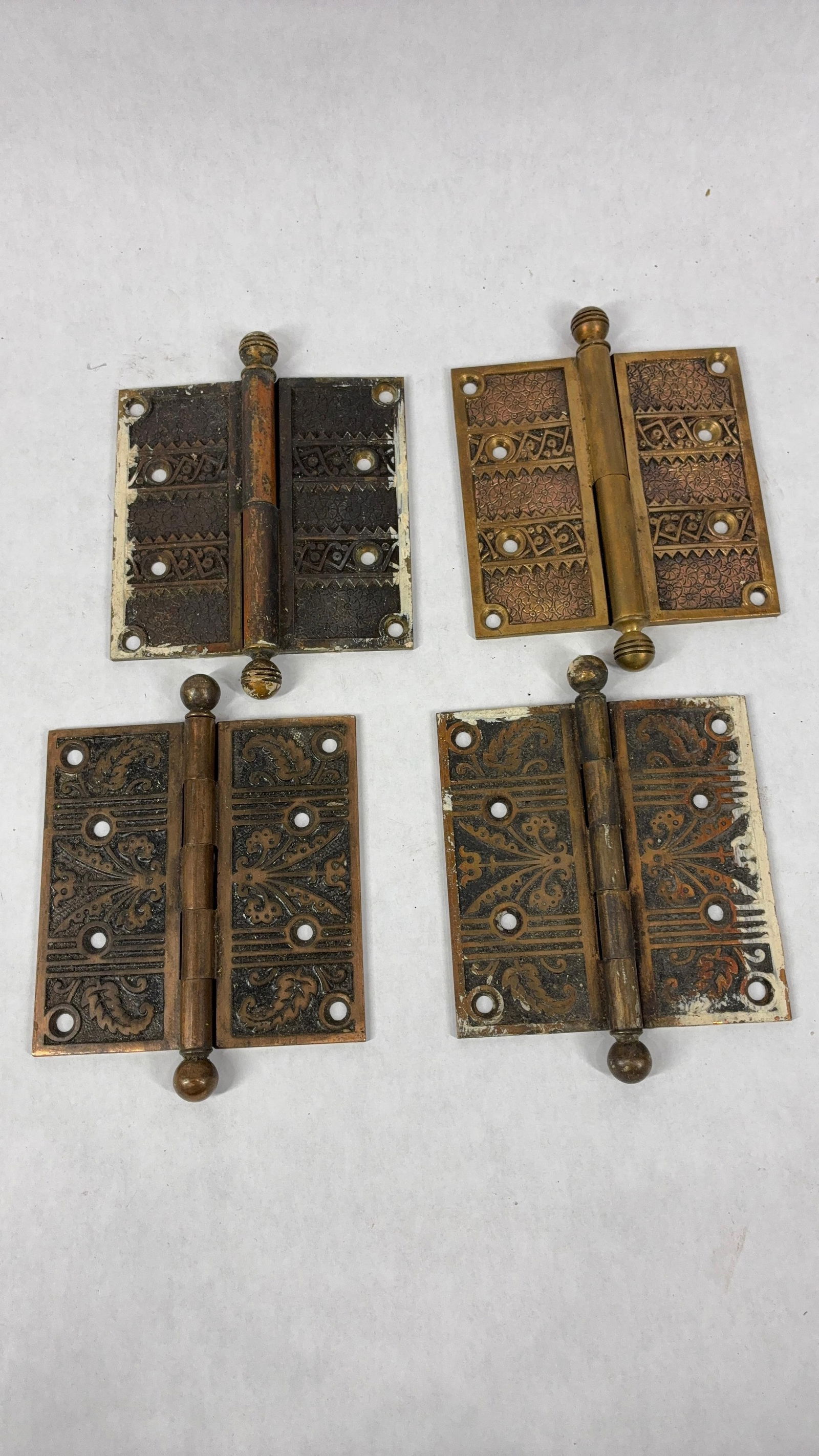 Early Victorian Style Door Hinges Inc. Floral and Geometric Ornate Patterns Lot of 4: great ornate patterns with paint showing to 2 as seen in photos