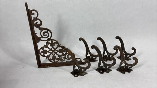 Antique Brass and Cast Iron Ornate Corner Bracket and Individual Double Hooks
