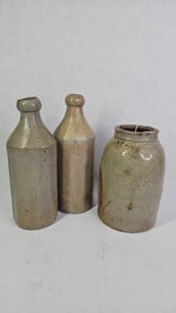 Stoneware Crock Whiskey Bottles and Canning Crock Lot of 3