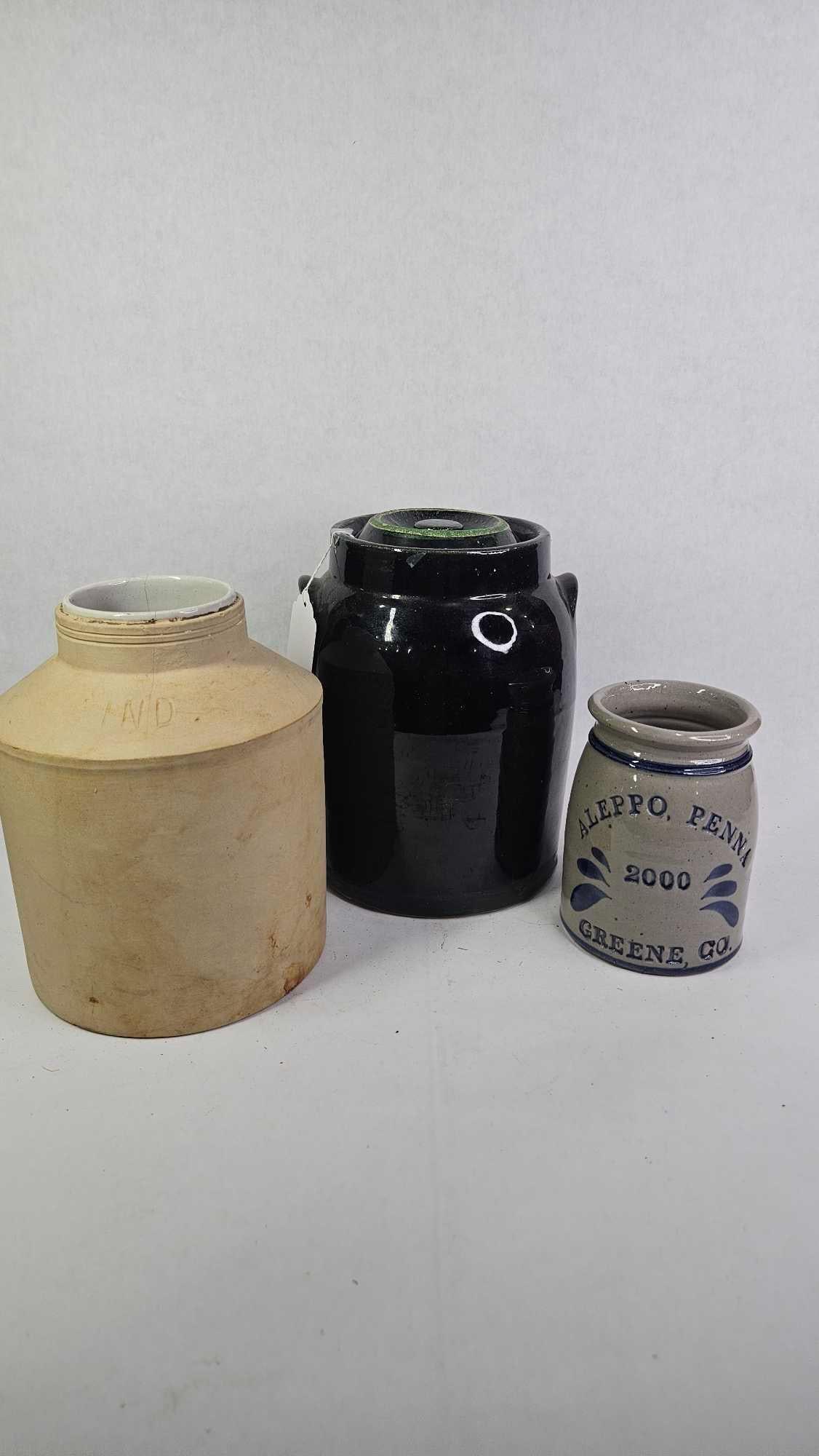 Stoneware Crock Lot Inc. 1 Gal Handled Crock w/ Lid, 2K Aleppo Penn. Decorated Crock and IND. Crock: This great lot of 3 stoneware crocks would make a great addition to any stoneware collection