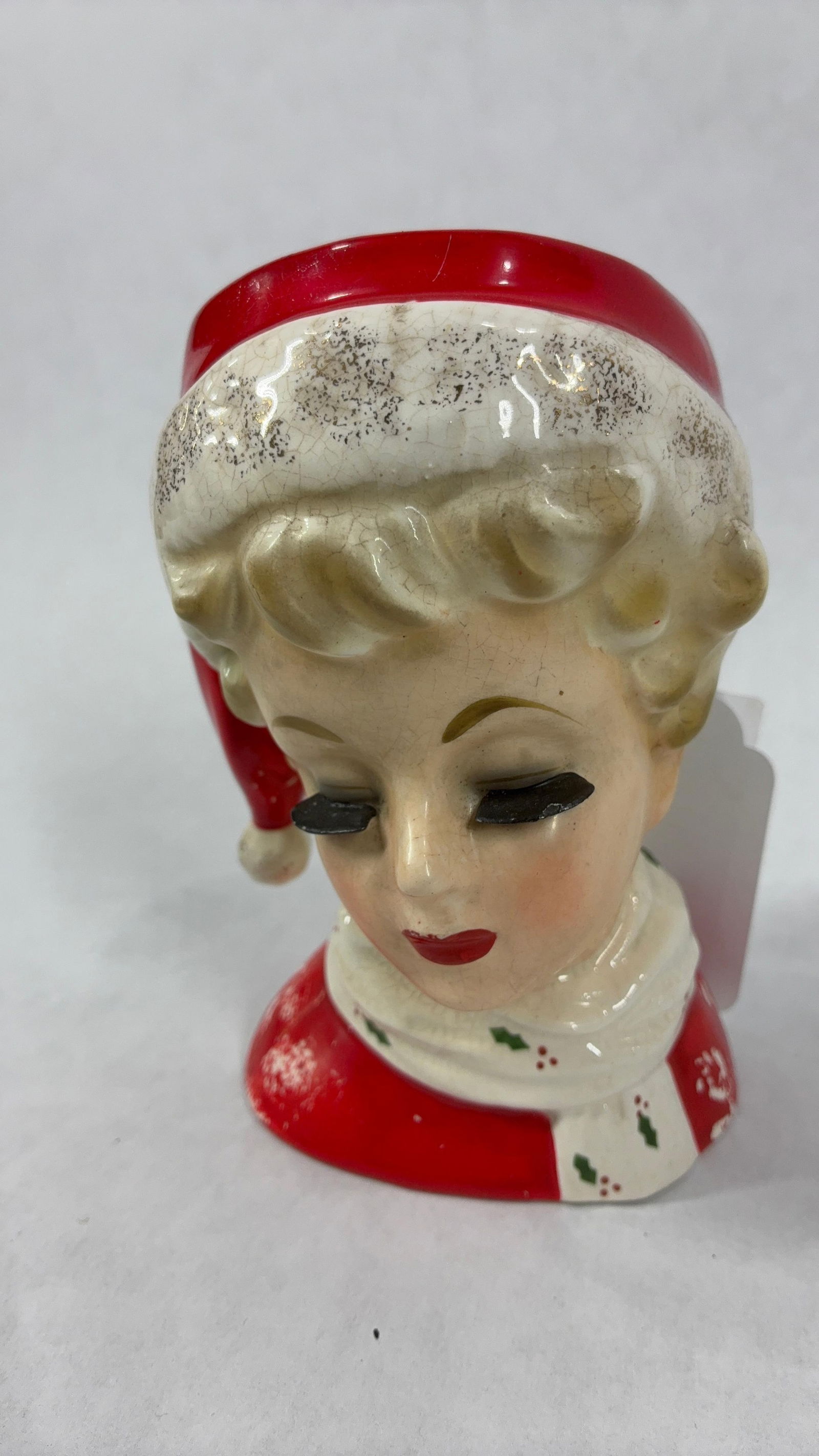 RARE Brinns Santa Lady Head Vase: Great overall condition with crazing as well as paint loss due to age and usage standing 5.75 in H