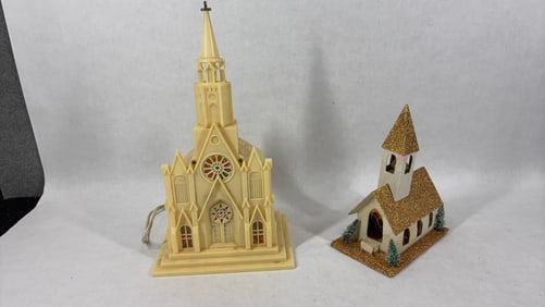 1950's Raylite Musical Illuminated Church w/ Japan Putz Church House