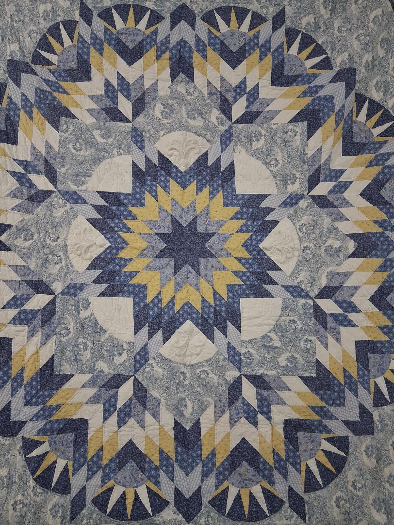 Hand Stitched Floral Back Sunburst Quilt with Oriental Theme (1 of 9)