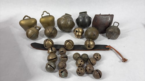Sleigh Bell Hand Strap of 3 along w/ Various Loose Cow Bells, Sleigh Bells and More
