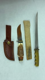 French Fixed Blade Brass Handled Knife and Fixed Blade Stage Hunting Knife w/ Leather Sheath