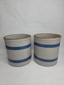 Early 20th C. Blue and Taupe Striped Clay Utensil Holder Crocks Lot of 2