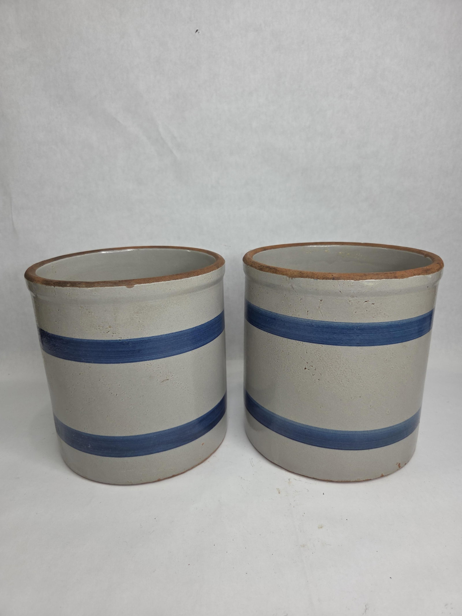 Early 20th C. Blue and Taupe Striped Clay Utensil Holder Crocks Lot of 2 (1 of 8)