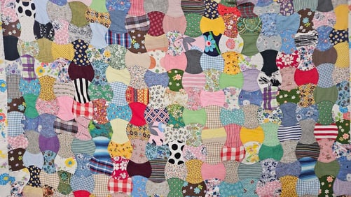 Hand Stitched Patchwork Feed Sack Bow Tie Quilt