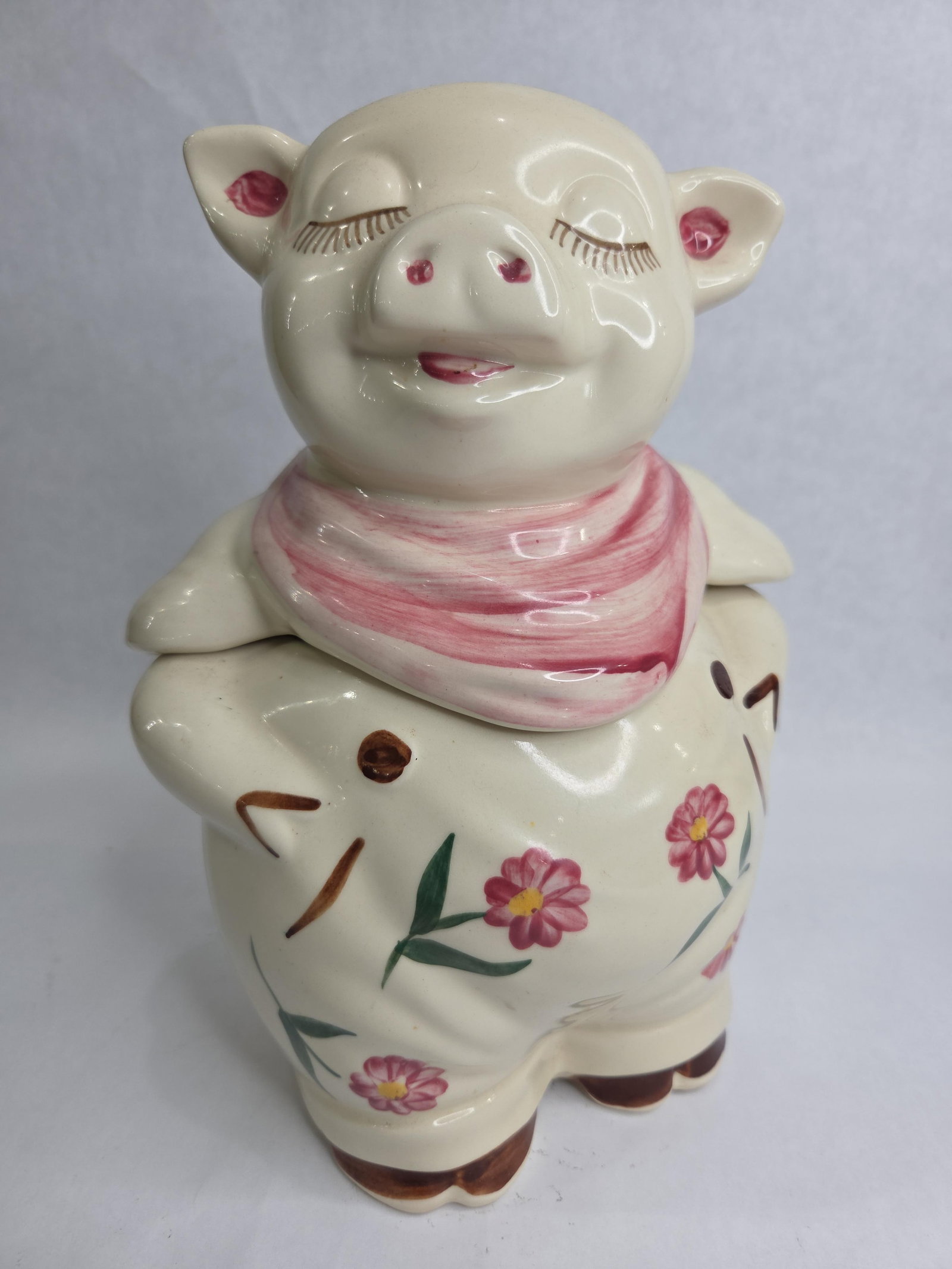 USA Shawnee Pottery 1940's Hand Painted Smiley Pig Cookie Jar: Great vintage condition with no chips, cracks or breaks standing? 12 in. H?
