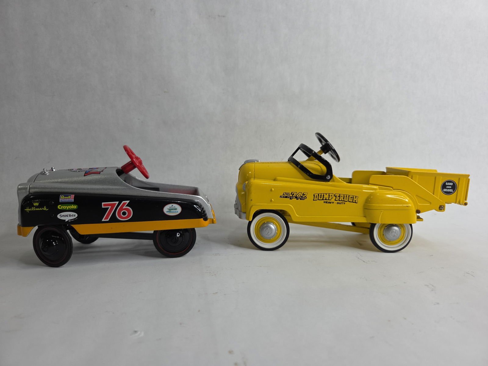 Kiddie Car Classics 1953 Murray Sand & Gravel Dump Truck & 50th Ann. Nascar Champ Pedal Cars: Lot of 2 miniature pedal cars both are open box in like new condition