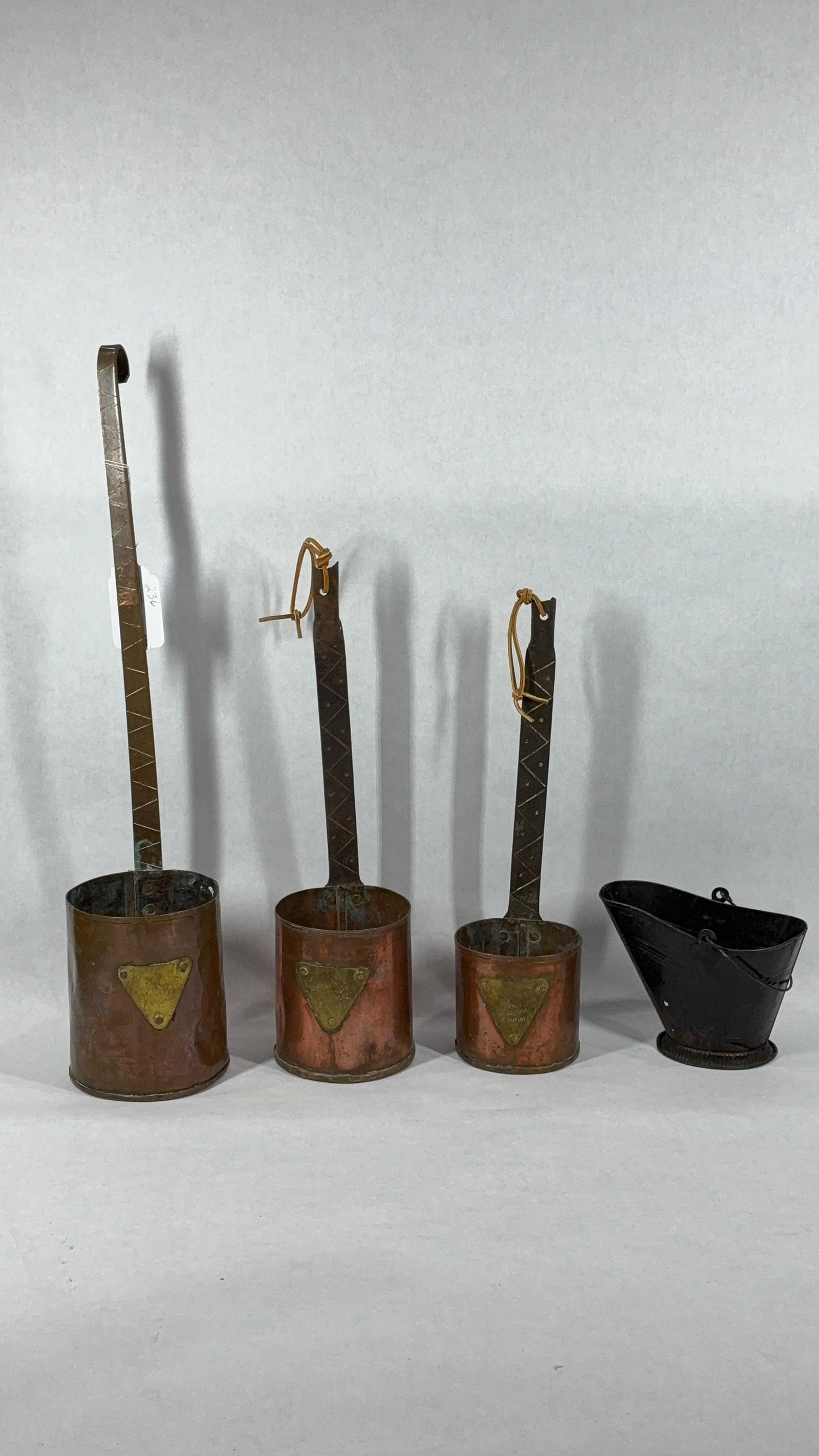 Great Antique Graduated Russian Copper Nesting Dippers/Miracle Lamps w/ Miniature Coal Bucket (1 of 8)