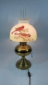 Fenton Art Glass Hand Painted Cardinals in Winter Shade Brass Electrified Table Lamp