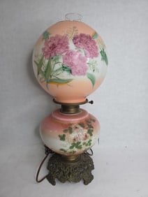 Victorian Gone With The Wind Parlor Lamp w/ Hand Painted Floral on Satin Milk Glass Globes