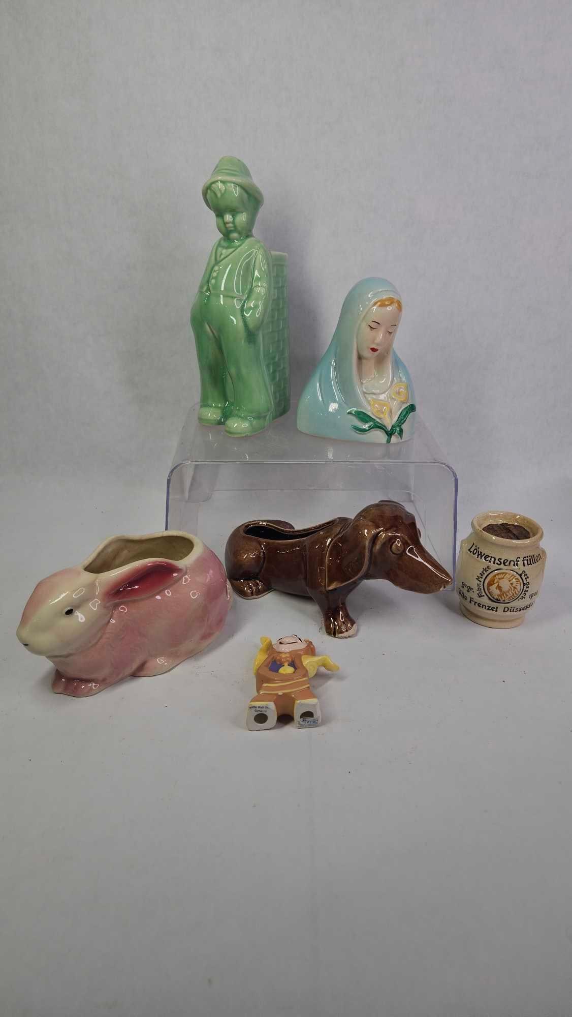 Vintage Porcelain/ Ceramic Planter Lot Inc. Mary, Rabbit, Dog, Dutch Boy and More: This great planter lot and more includes 6 various collectible pcs all fully intact as shown in photos