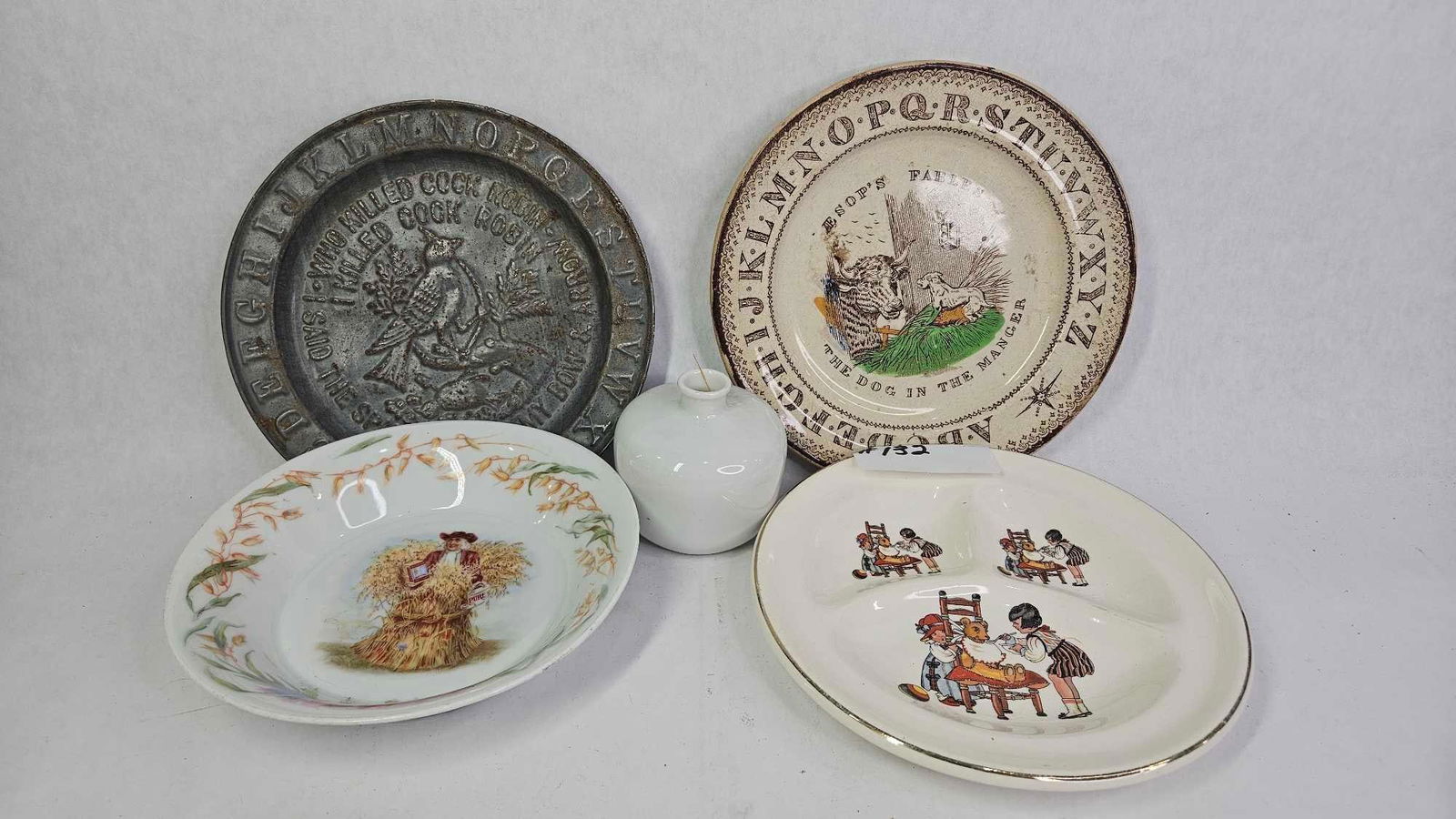 Antique Childs Dish / Plate Lot Inc. Finefrock Co. Comparted Dish, Esops Fable Alphabet Plate and Mo (1 of 10)