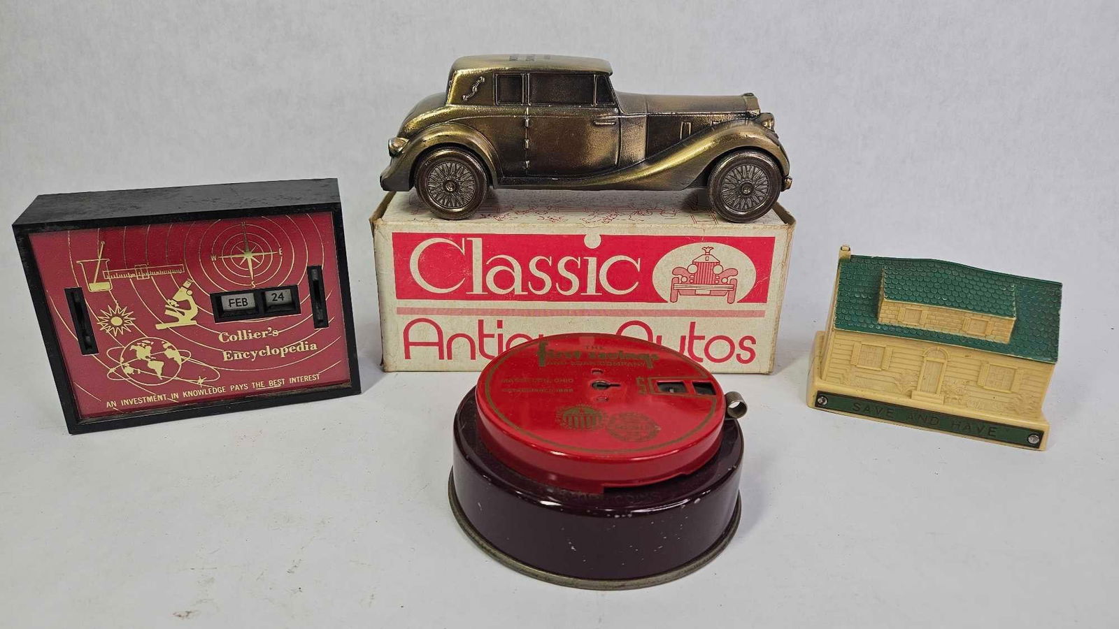 Vintage Calendar and Coin Bank Advertising Lot Inc. Colliers, First Savings, First Nat., North Akron: This great collectible Bank advertising lot includes 4 great coin banks