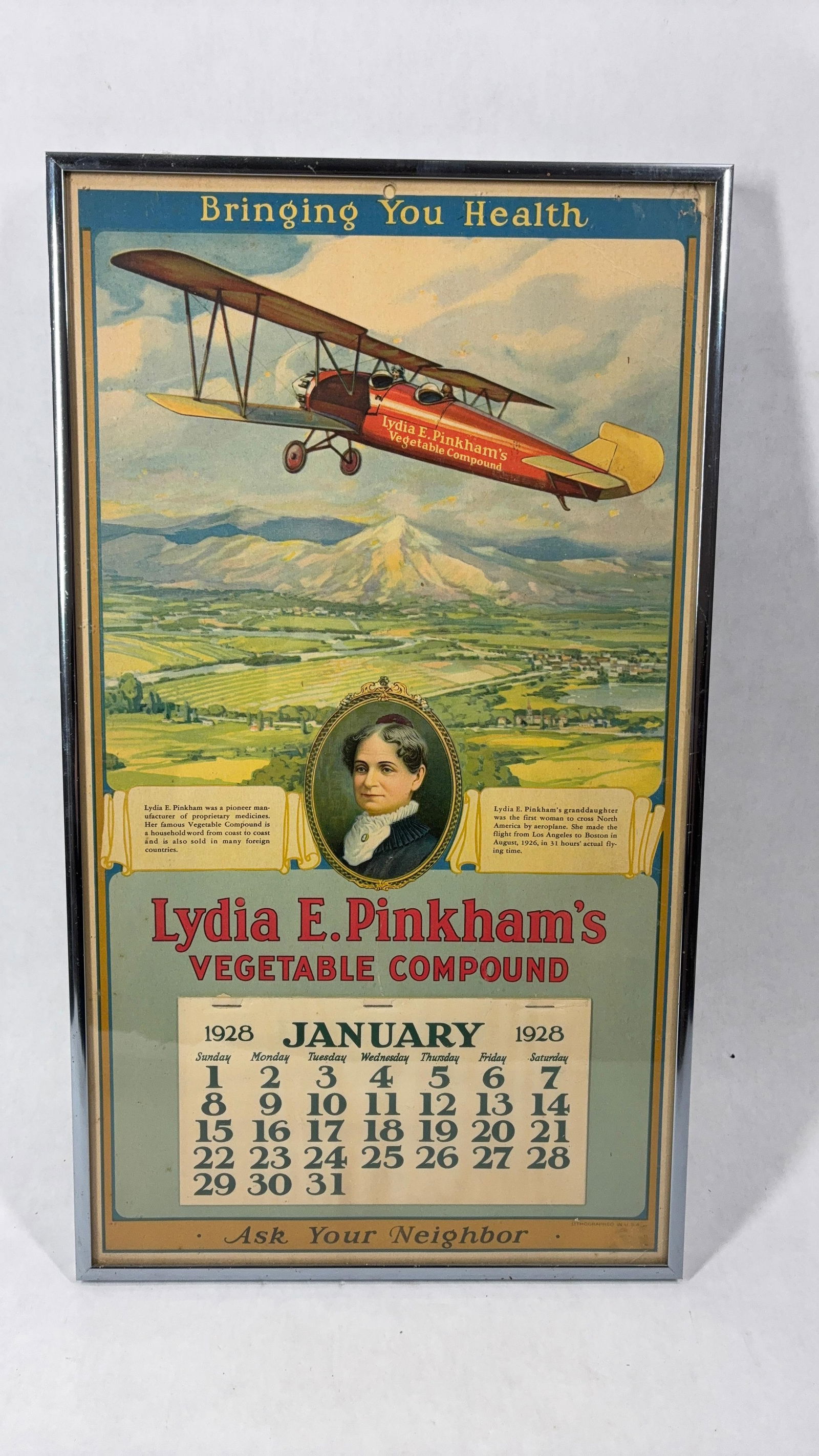 1928 framed Pinkhams Biplane Lithograph Calendar (1 of 6)
