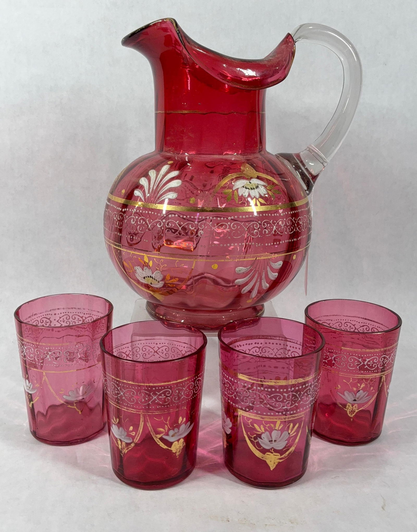 Hand Blown 1890s Cranberry Glass Water Pitcher & Glasses (1 of 10)