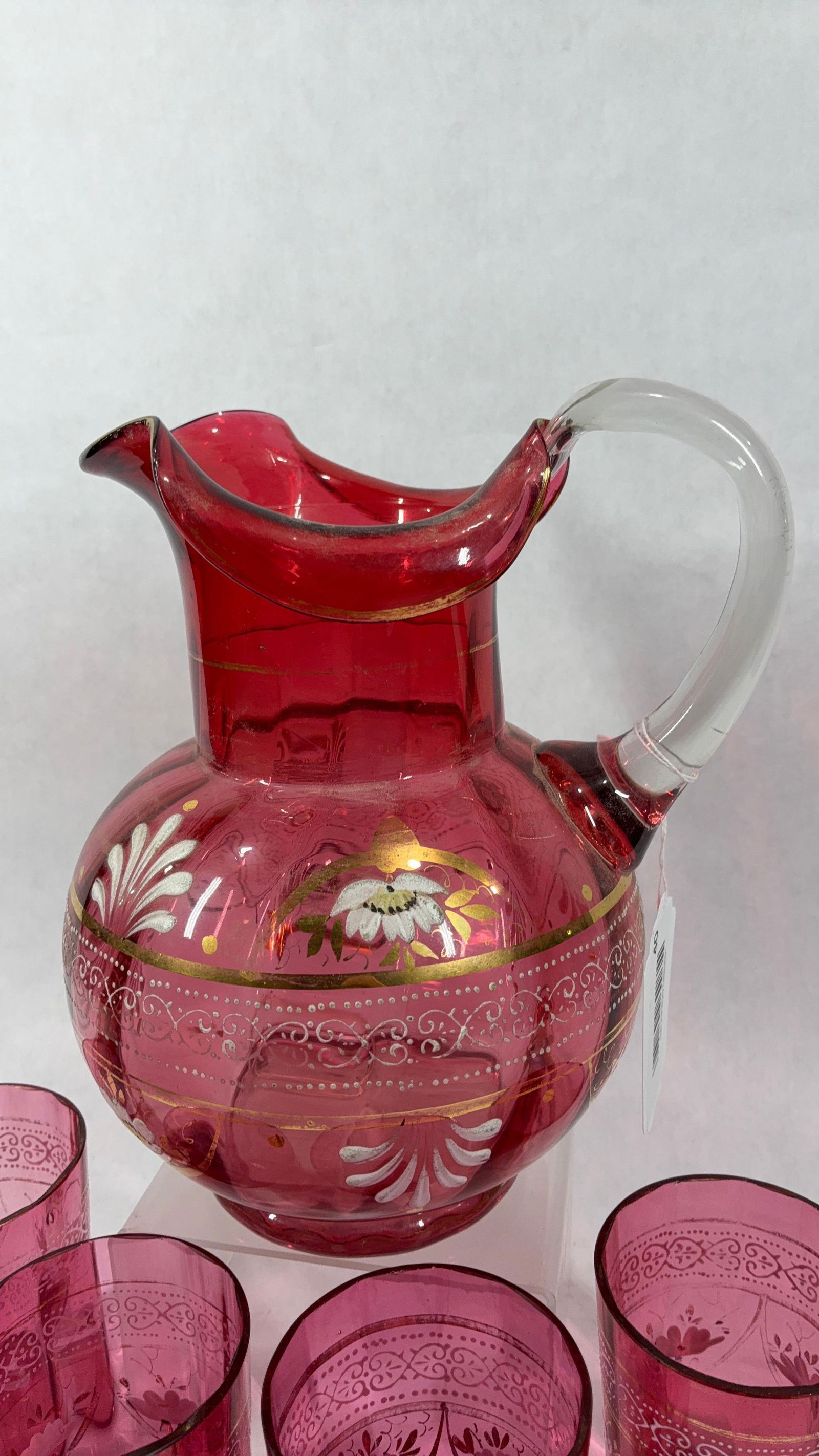 Hand Blown 1890s Cranberry Glass Water Pitcher & Glasses - 2
