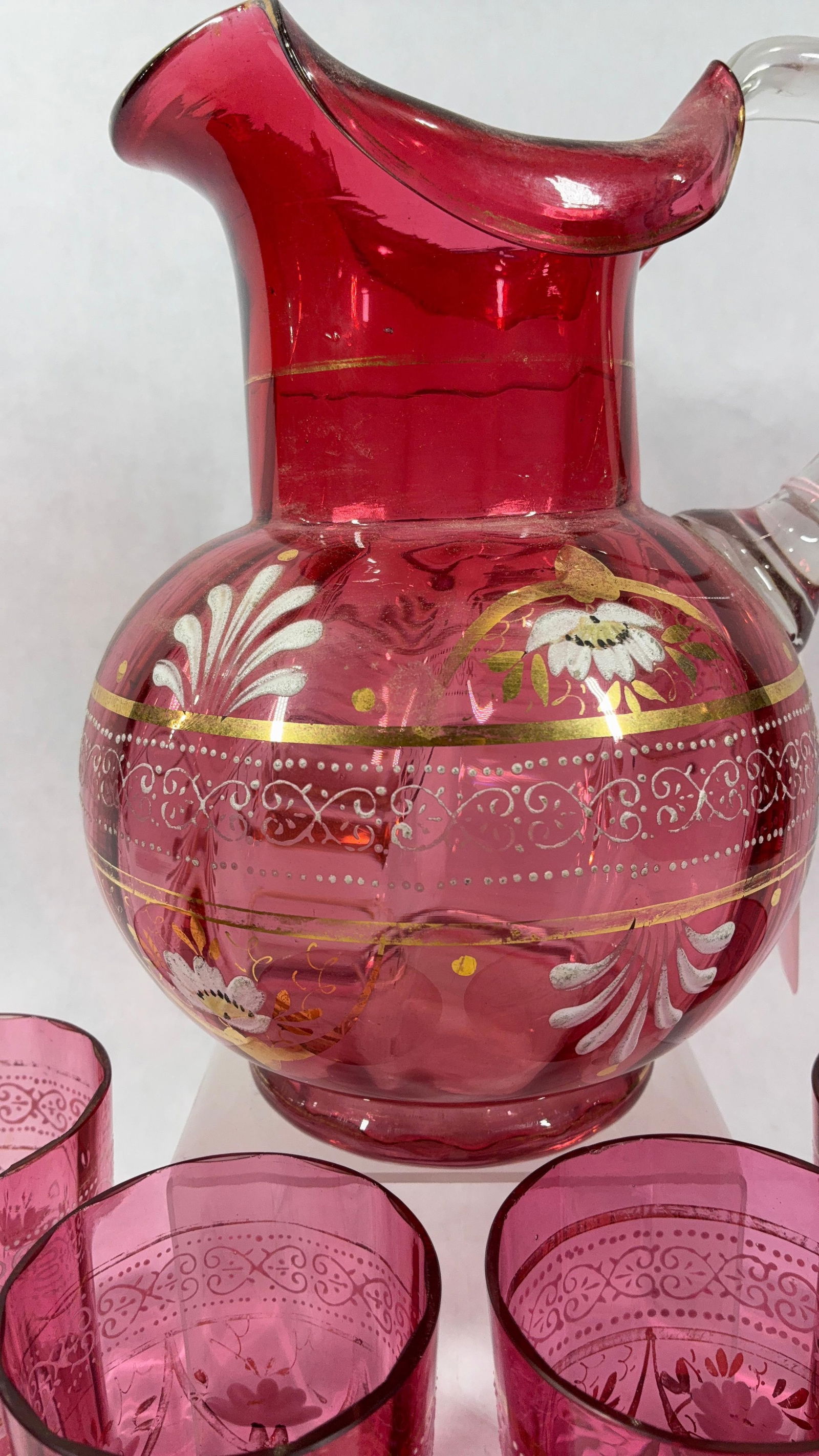 Hand Blown 1890s Cranberry Glass Water Pitcher & Glasses - 3