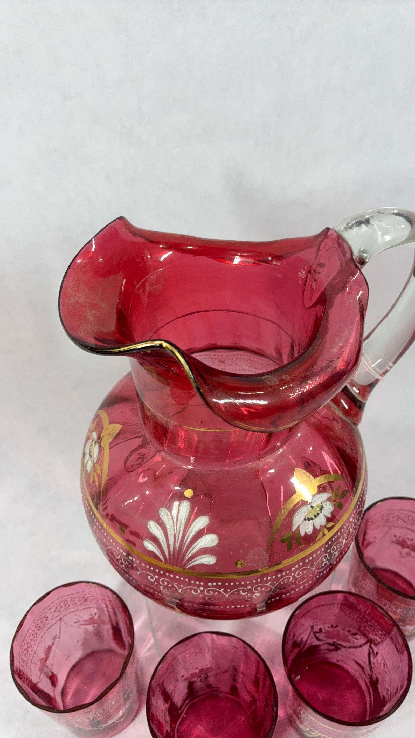 Hand Blown 1890s Cranberry Glass Water Pitcher & Glasses - 4