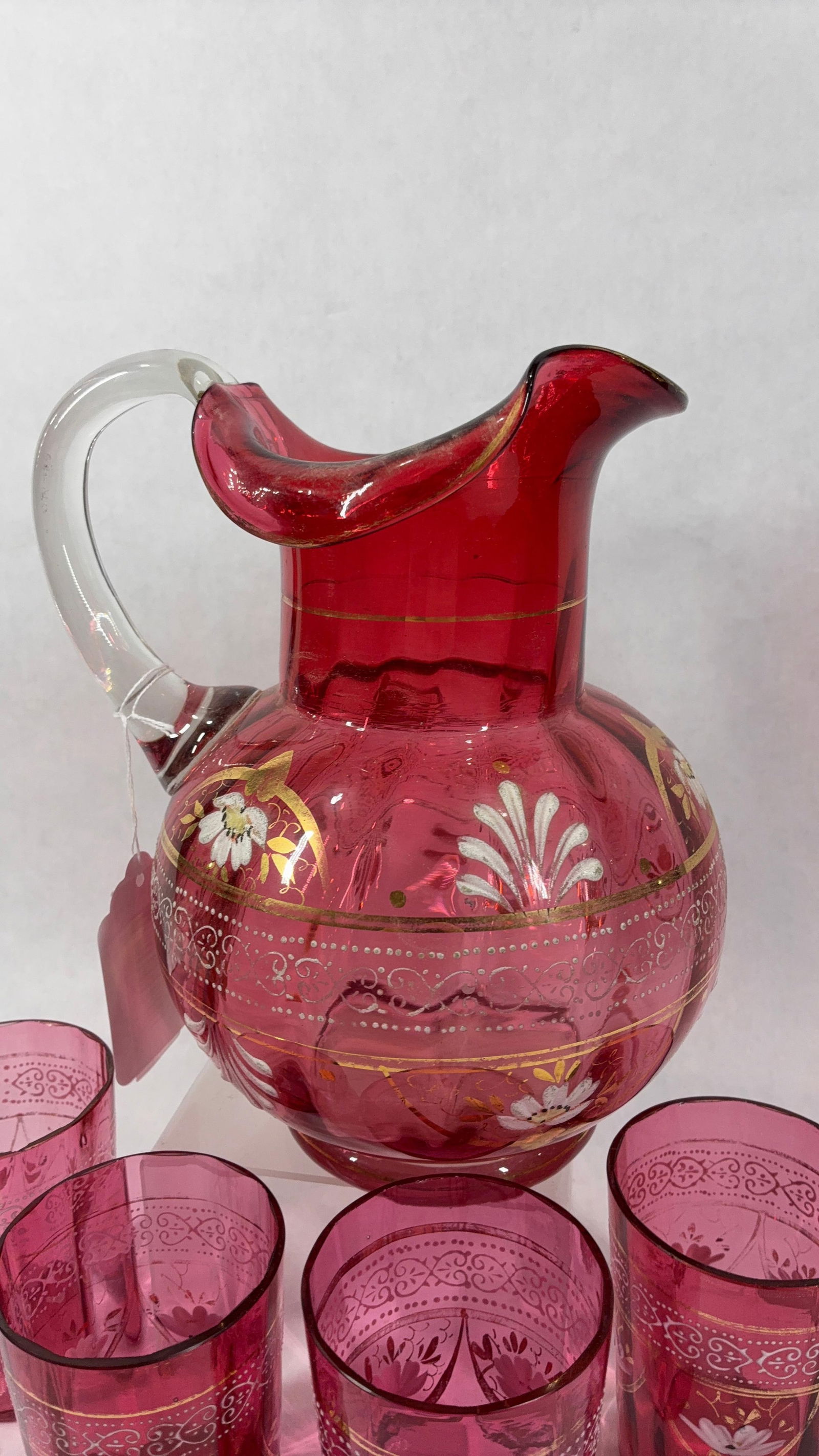Hand Blown 1890s Cranberry Glass Water Pitcher & Glasses - 5